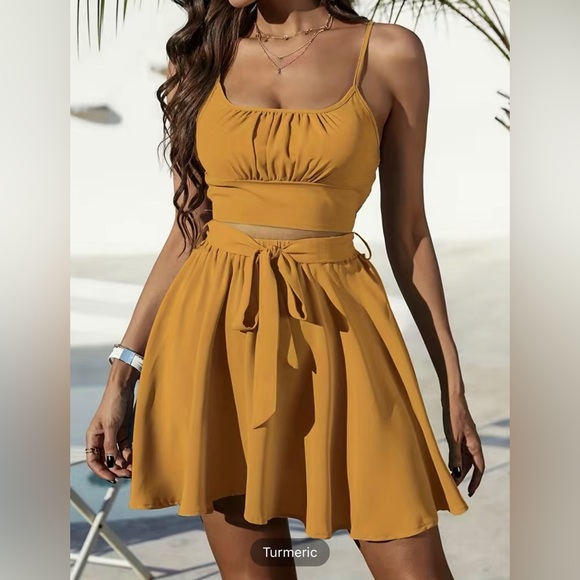 Cute Solid Two-piece Skirt Set, Backless Crop Cami Top & Tie Front Skirt Outfits - Picture 1 of 5